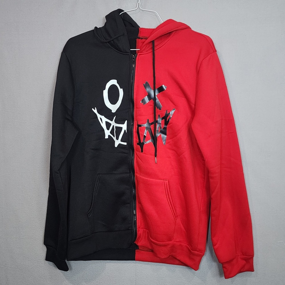 Unbranded Split Colorblock Graphic Zip Hoodie Red Black Streetwear Mens L - Picture 2 of 8